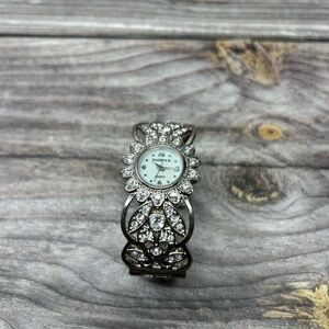 Elgin II Watch Women 31mm Silver Tone Bling Crystals Open Cuff Band